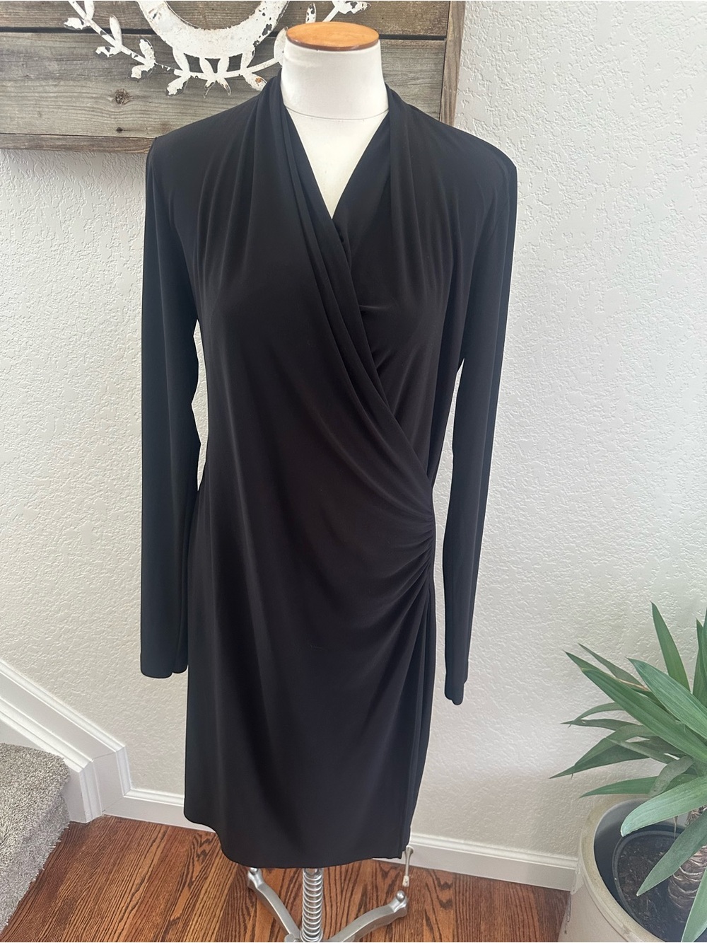 Norma Kamali Classic Black Long-Sleeve Faux Wrap Dress size M NWT